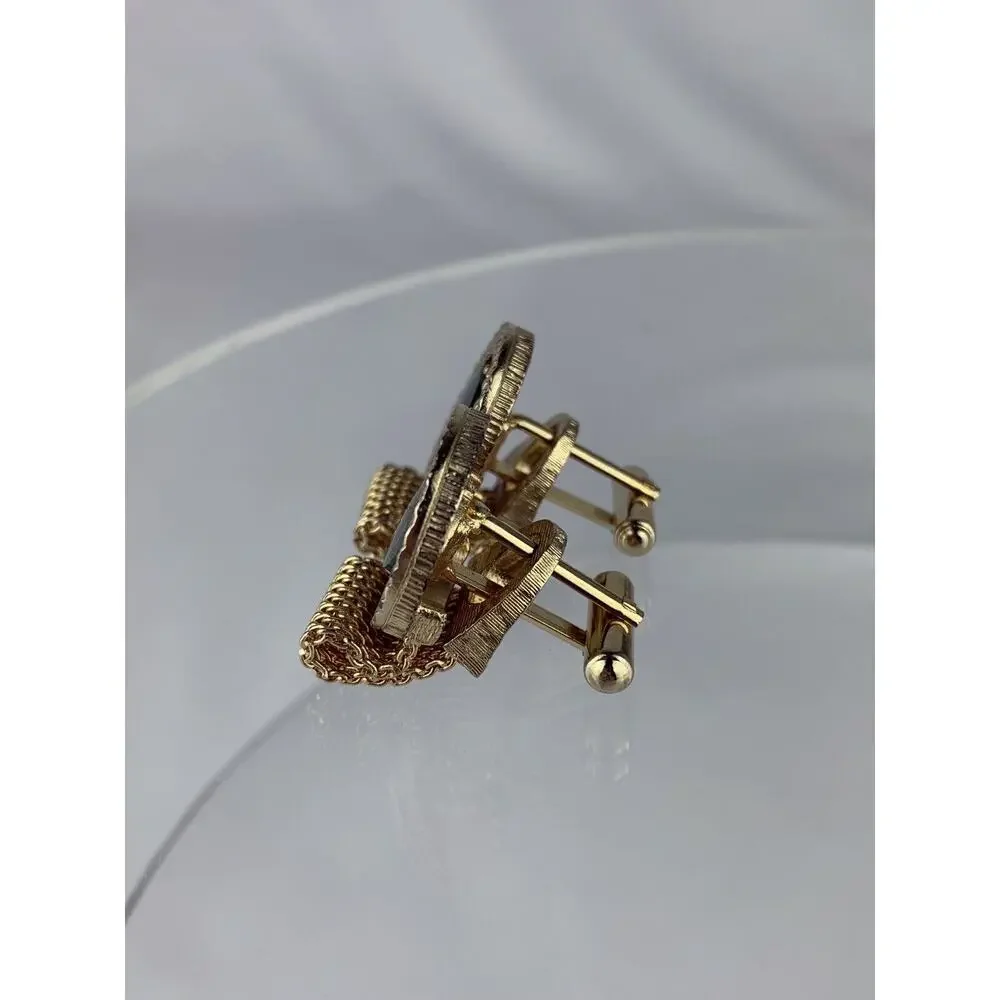 Green Jade Mesh Wrap Gold Tone Cufflinks Quilted Diamond Plate Round Vintage N1